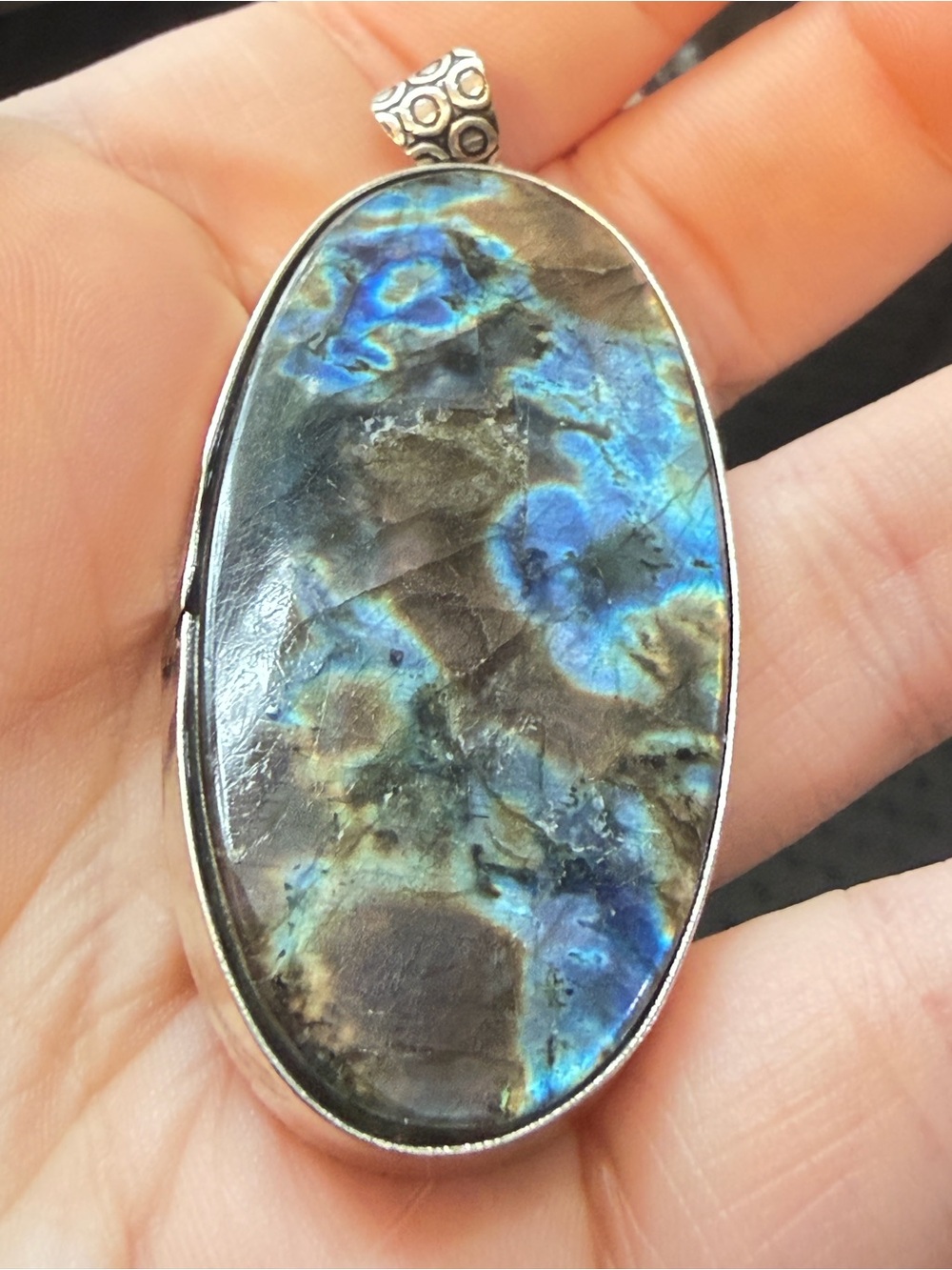 Labradorite Pendant | Blue Teal Flash | Organic Oval | Artisan | 2.5 Inches